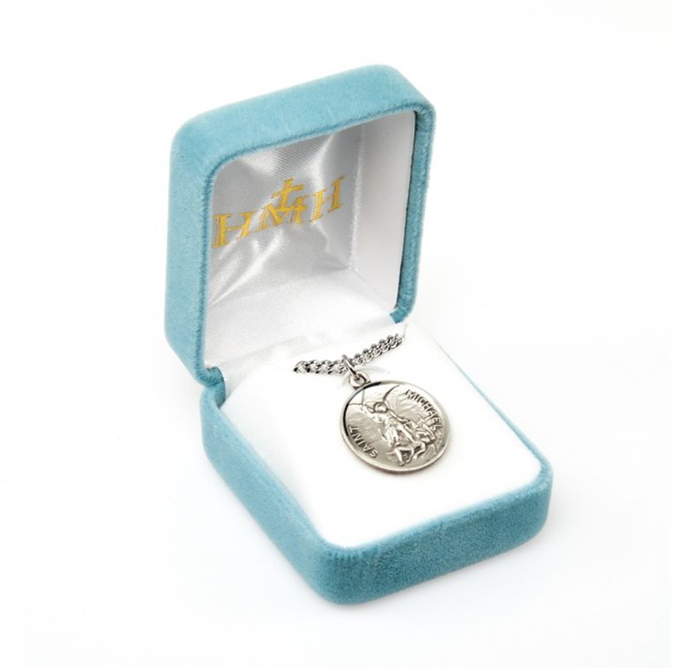 St. Michael pendant necklace in blue velvet jewelry box, silver chain, religious style.