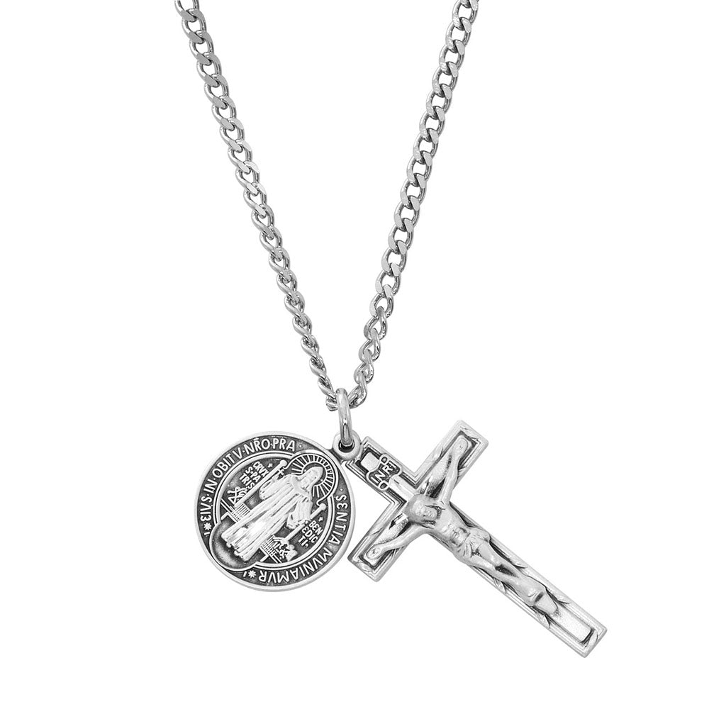 Sterling Silver St. Benedict Medal & Crucifix Necklace - 24"