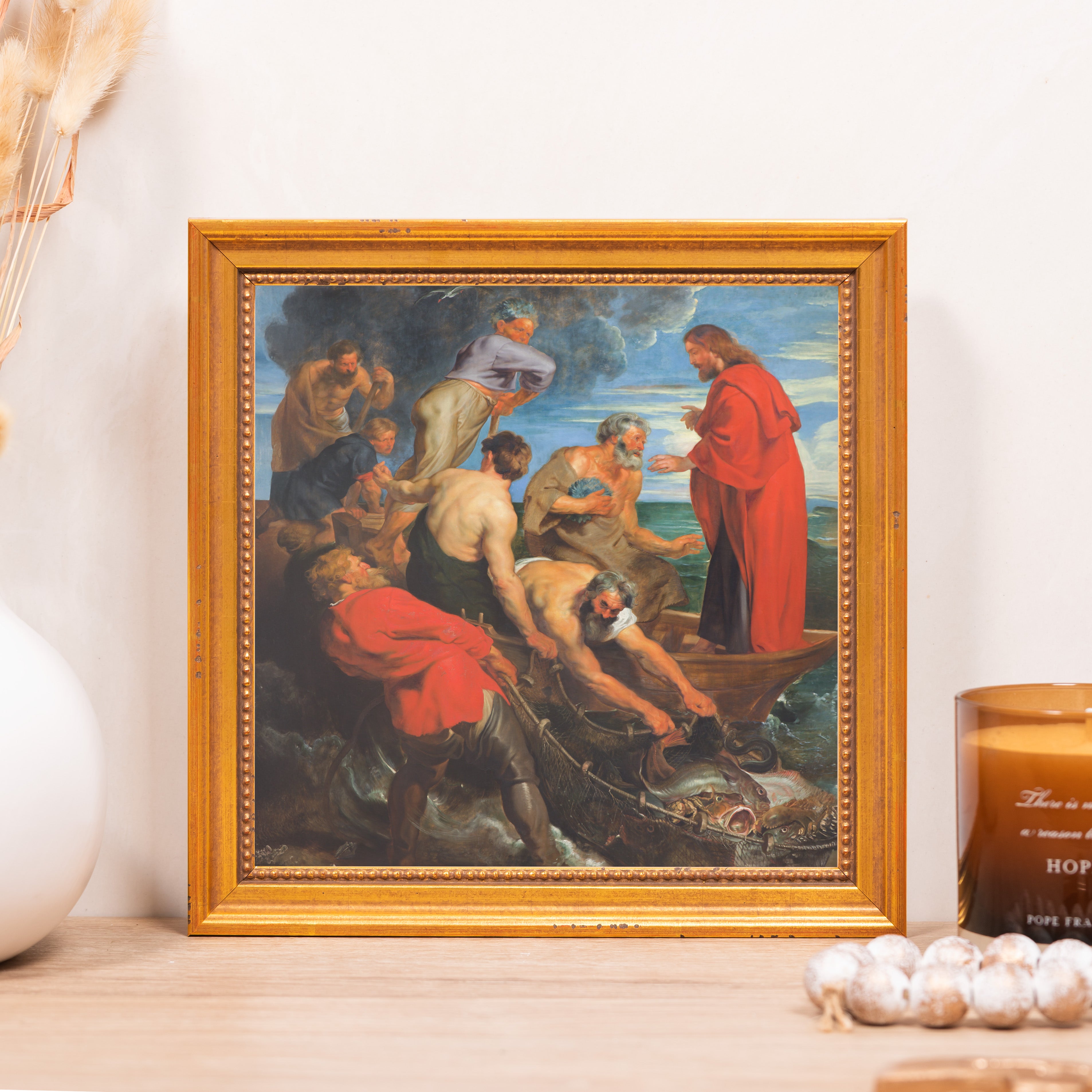 Framed print of Peter Paul Rubens' painting "The Miraculous Draught of Fishes" with a gold, vintage style frame.
