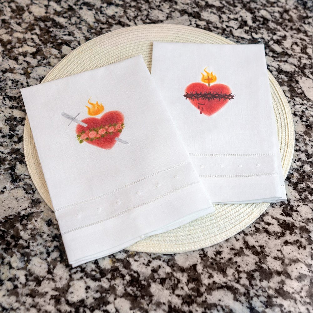 Sacred & Immaculate Heart Linen Watercolor Guest Towels-set of 2