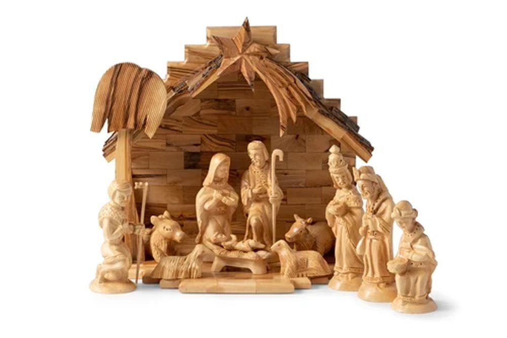 Holy Land Olive Wood Stable & Nativity Set - 12" x 12"
