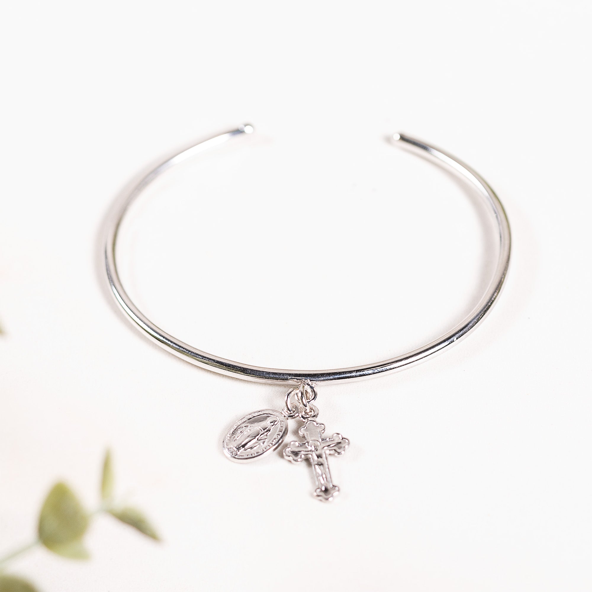 Italian Sterling Silver Crucifix & MIraculous Medal Bangle