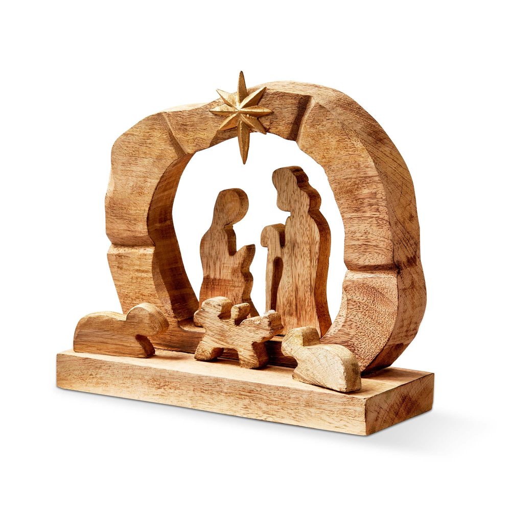 Handcrafted Mango Wood Carved One-Piece Nativity Scene - 11" (H)