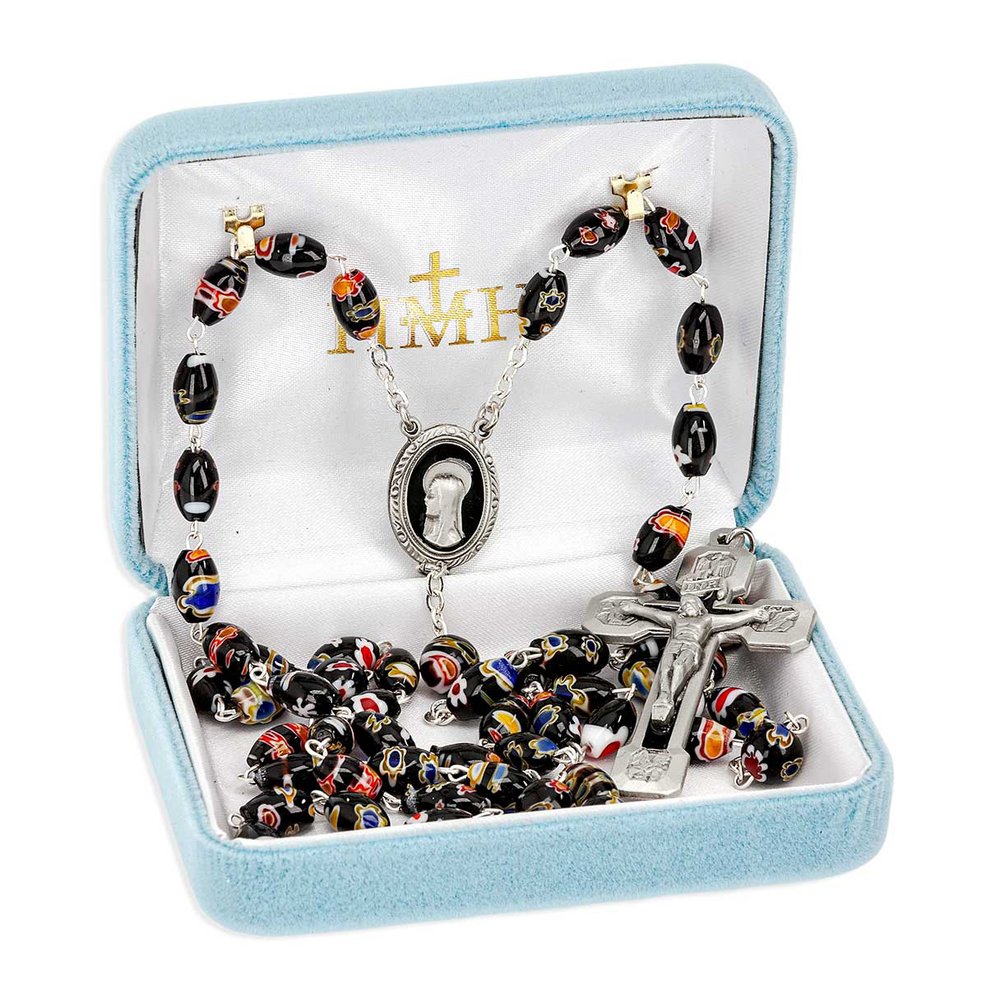 Black Venetian Glass & Multicolored Flowers Rosary
