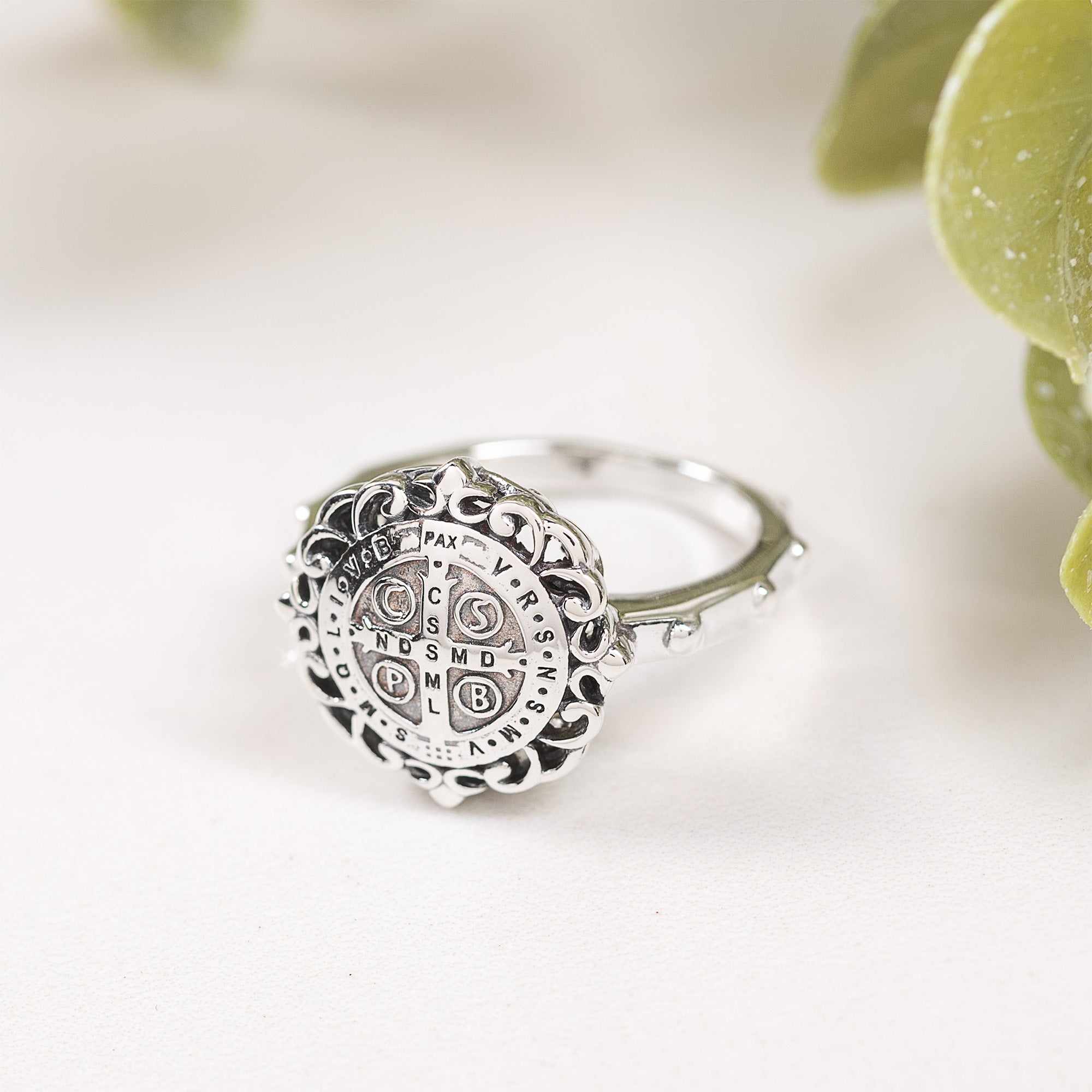 Sterling Silver St. Benedict Filigree Rosary Ring