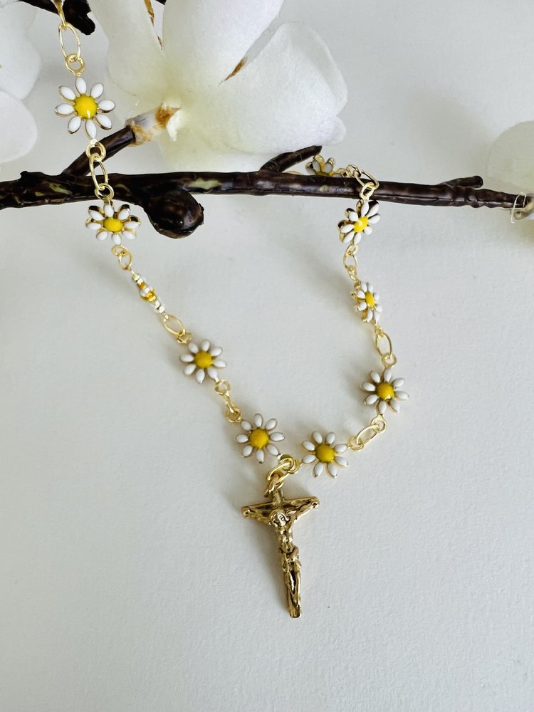 White Daisy Chain Crucifix Anklet