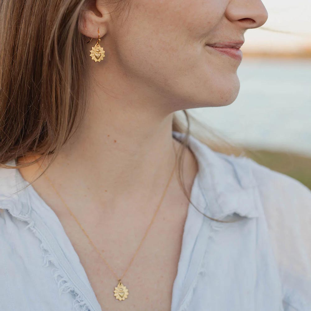Gold Sacred Heart Sunburst Earrings