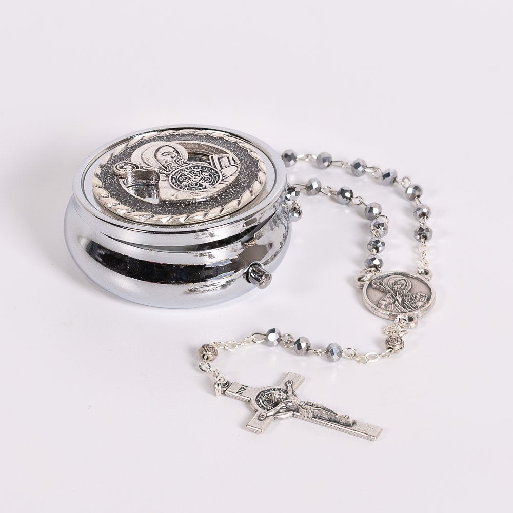 Italian Silver Glass St. Benedict Rosary & St. Benedict Rosary Box Set