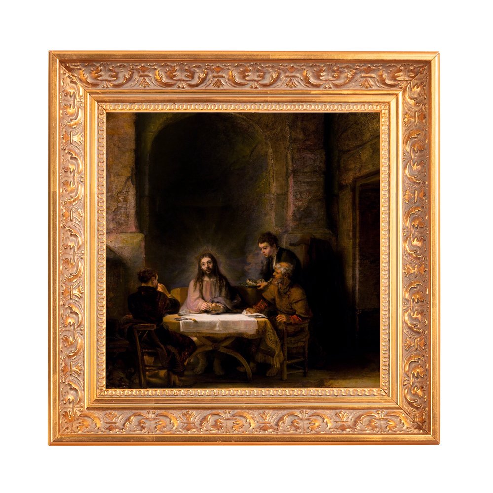 Framed Painting shows Jesus at a table with others in a detailed gold frame, dark tones.