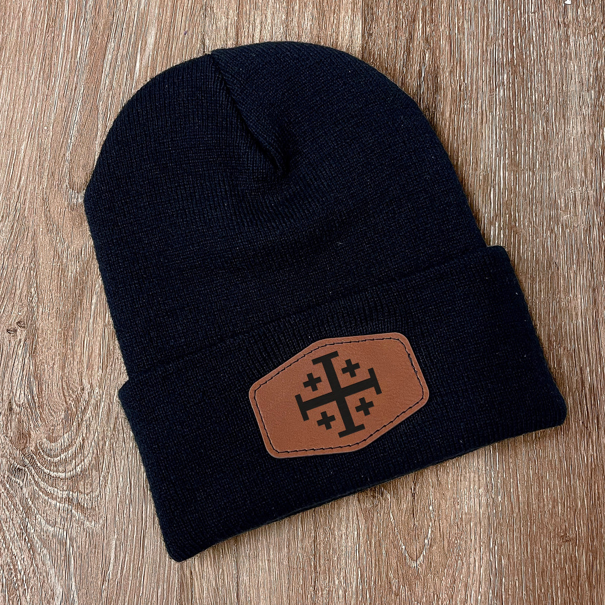 Jerusalem Cross Leather Patch Beanie | The Catholic Company® display picture 3