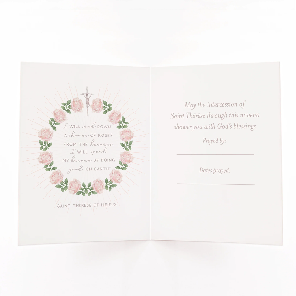 Open, paper Saint Thérèse novena prayer card with pink rose wreath and praying prompts inside.
