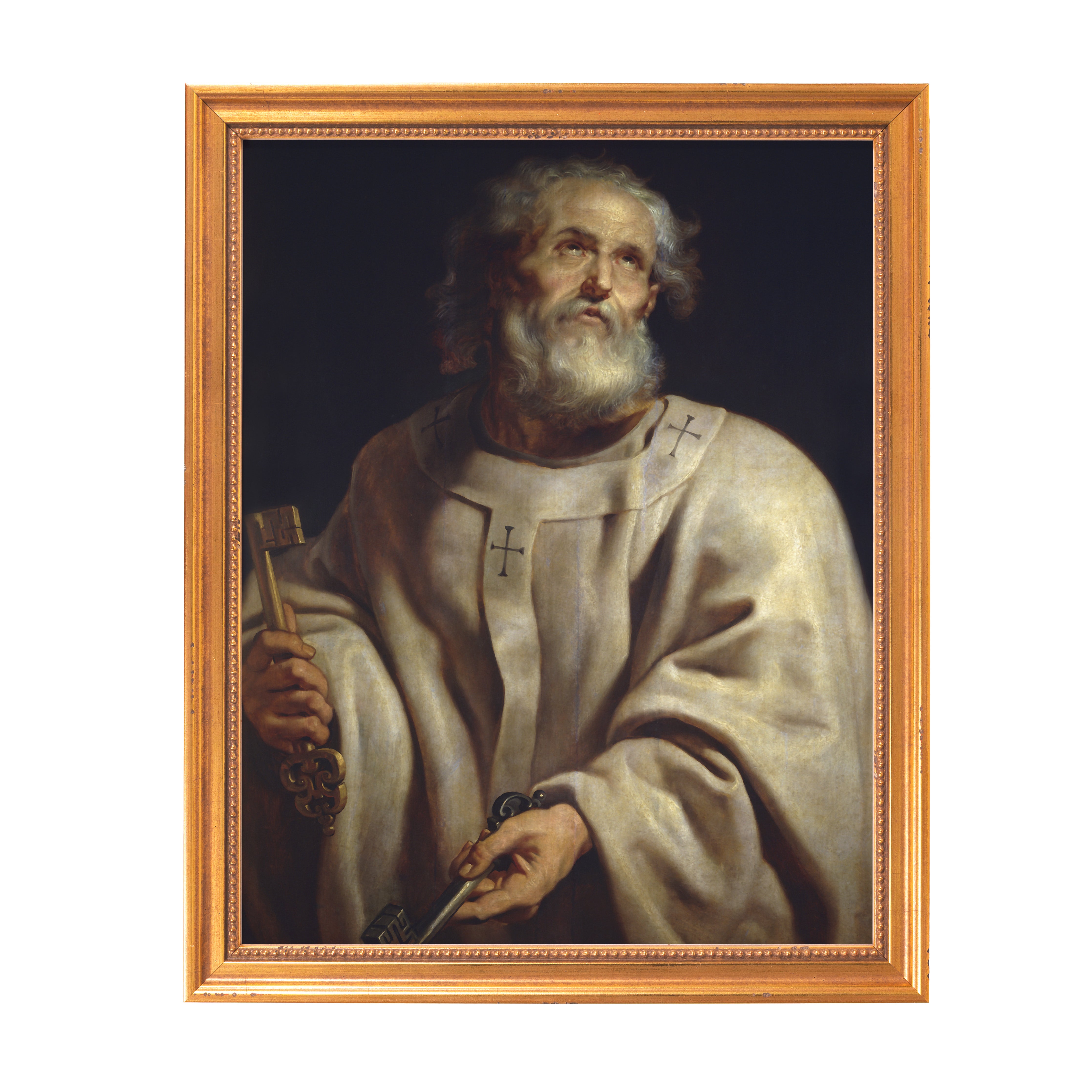 Framed Saint Peter artwork shows an oil painting with a gold frame.
