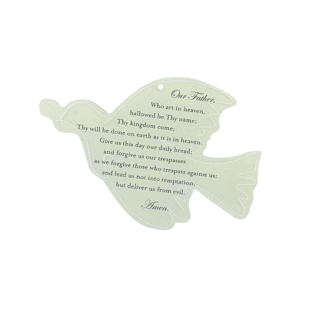 Dove-shaped card printed with the Lord's Prayer, light green paper stock, modern style.
