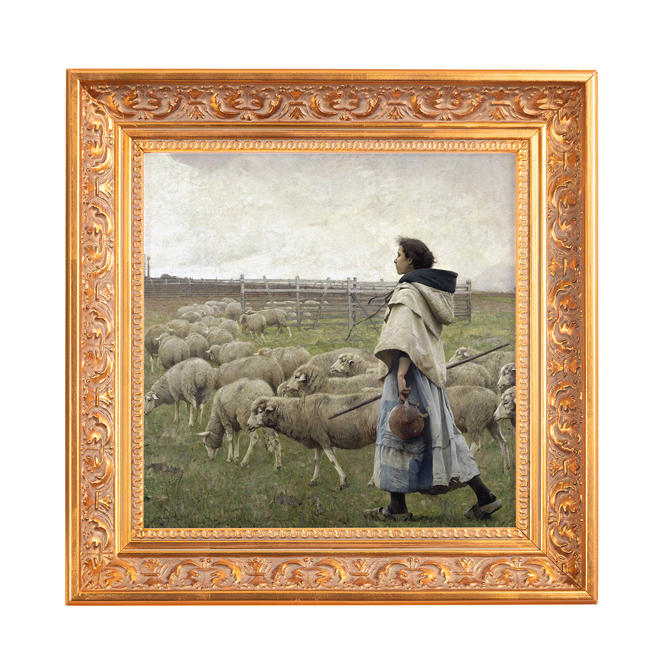 Framed, antique-style oil painting of a shepherdess herding sheep, in a golden ornate frame.
