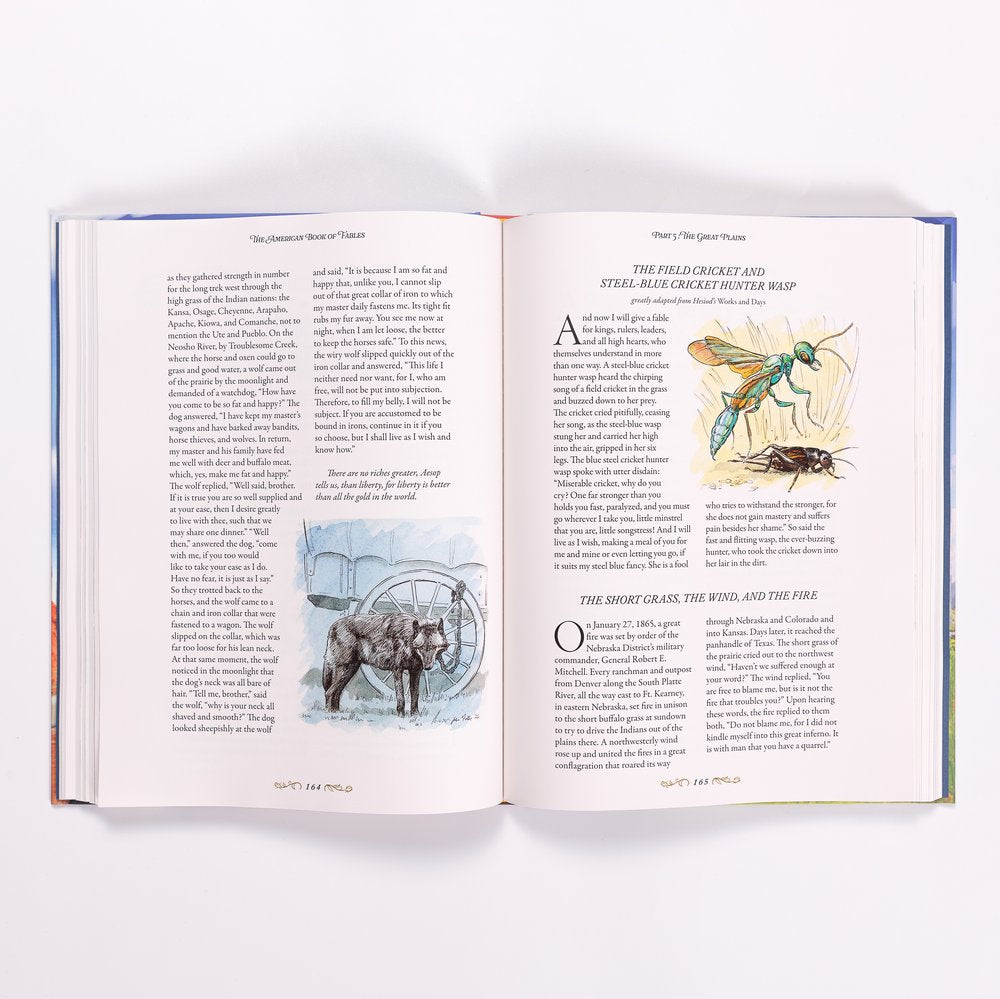 Open book shows illustrations; the left page has a wolf, the right, a wasp and cricket.