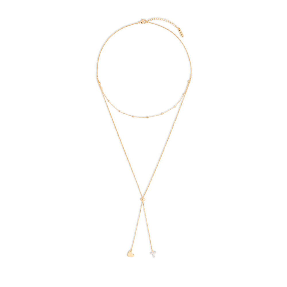 Adjustable Gold Cross & Heart Lariat Necklace