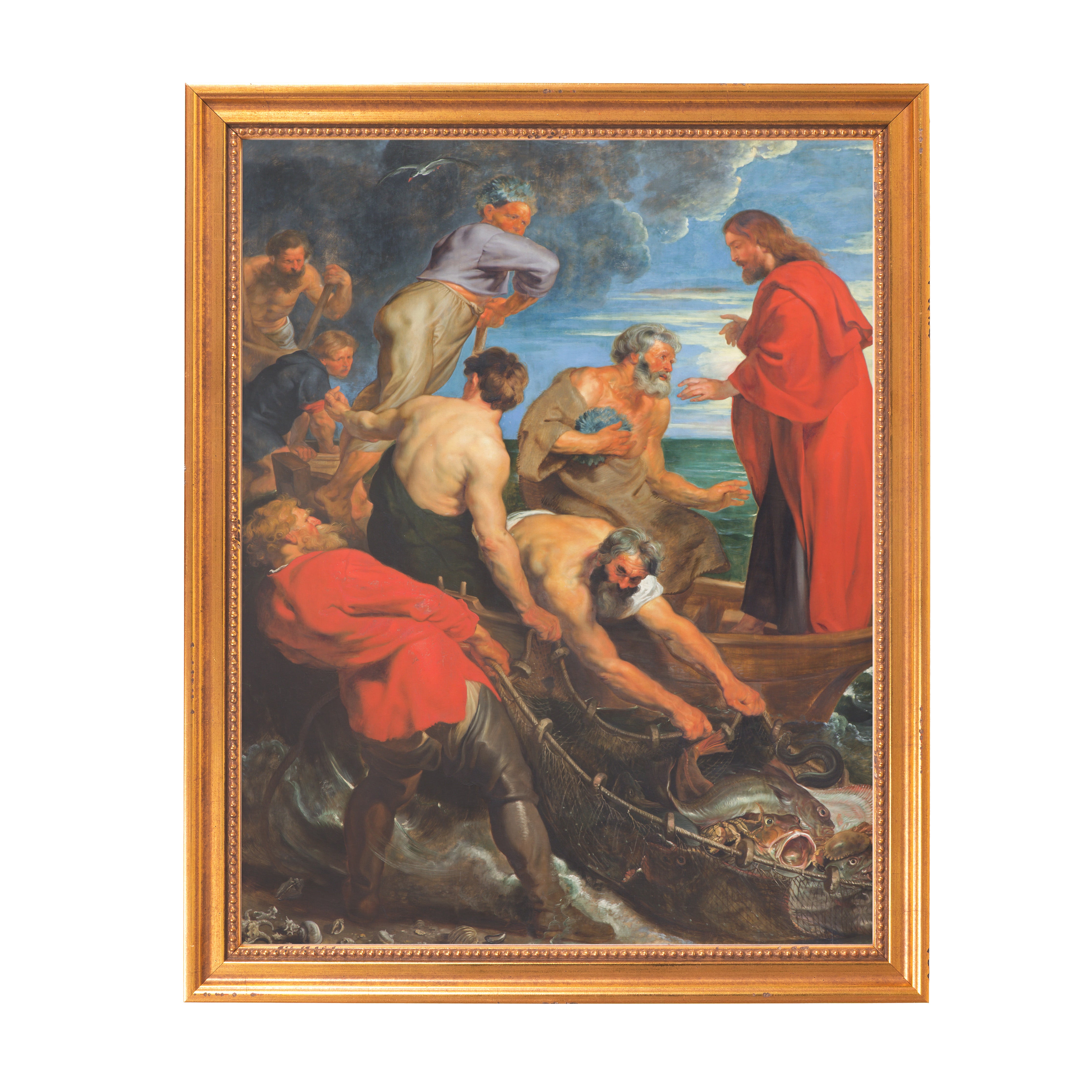 Framed Fine-art print of a historical painting of a fishing party, featuring a golden frame and marine scene.