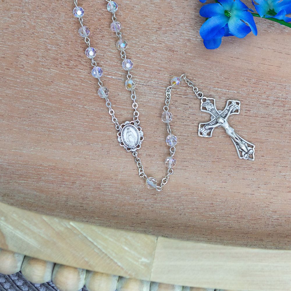 Swarovski Clear Crystal Aurora Borealis and Sterling Rosary