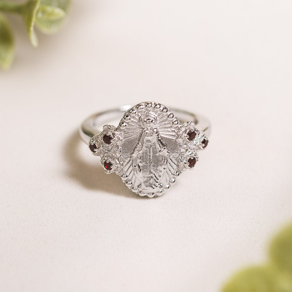 Sterling Miraculous Medal & Rose Accent Ring - Multiple Sizes
