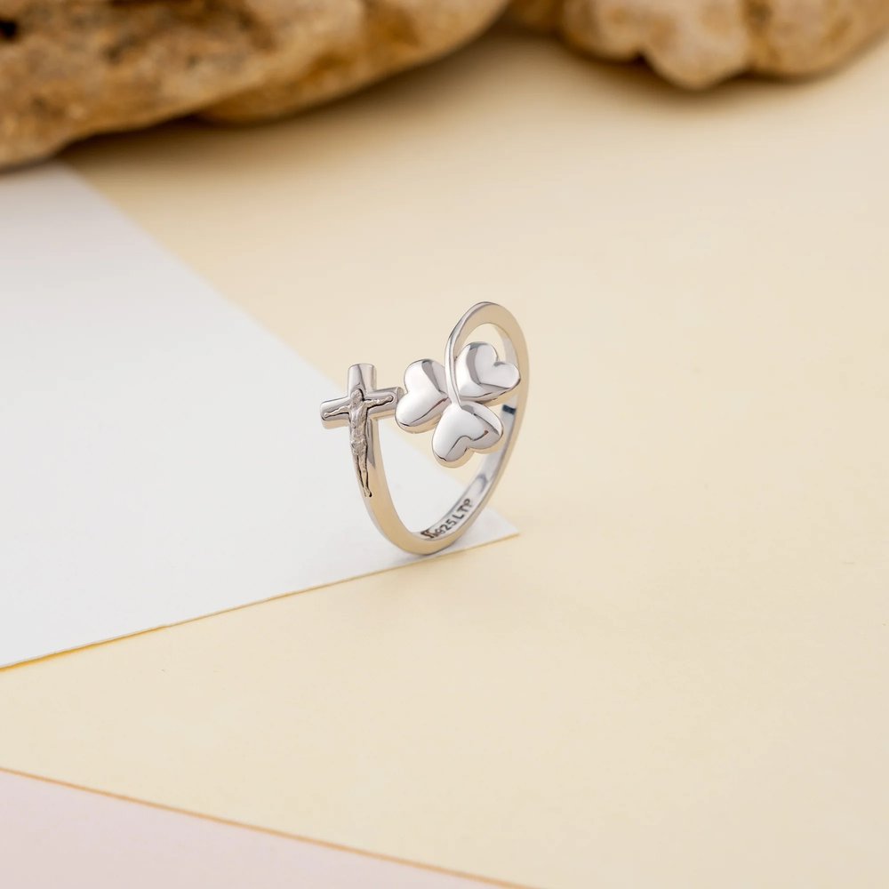 Sterling Silver Irish Trinity Clover & Horizontal Crucifix Adjustable Ring
