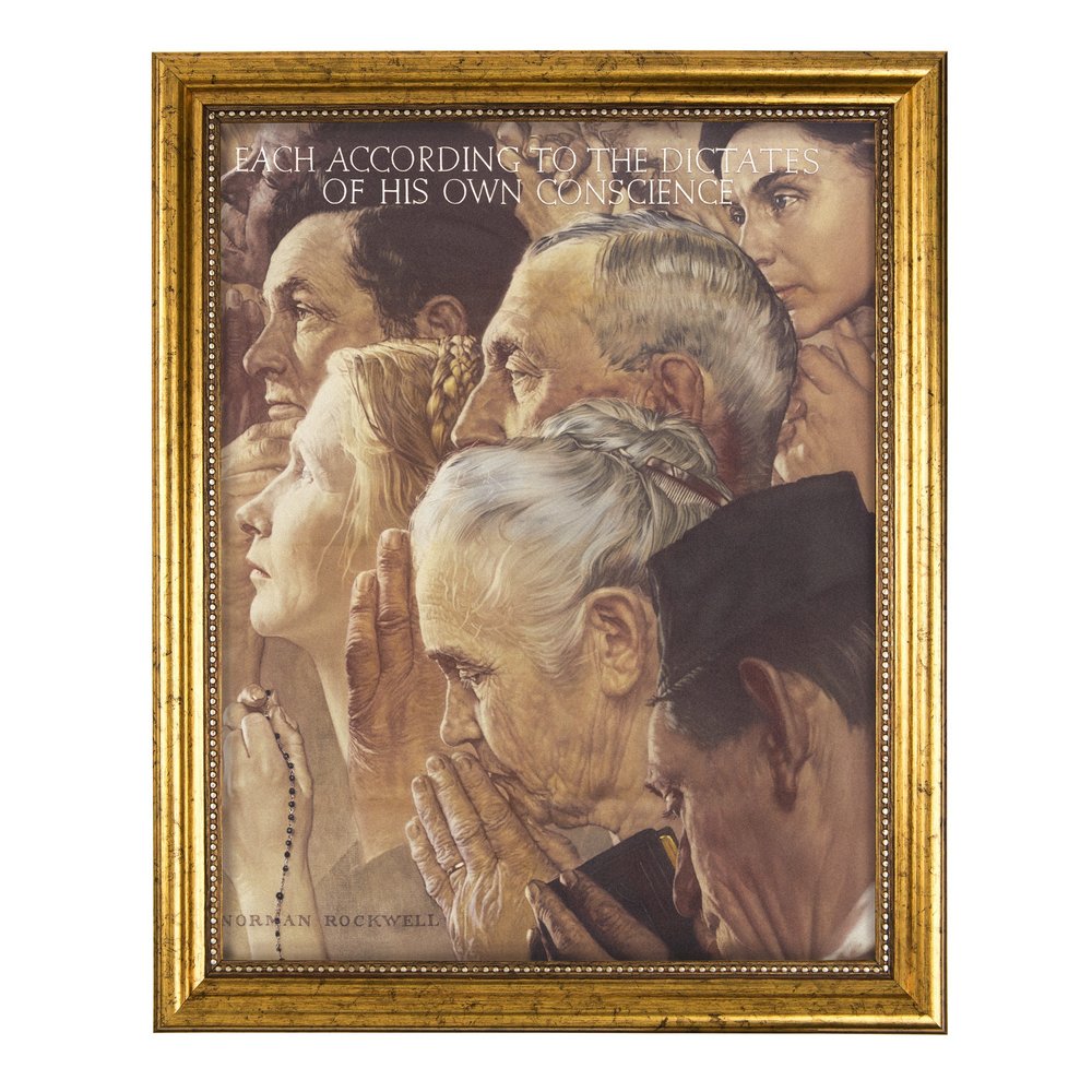Norman Rockwell print of people praying with a gold-colored frame.