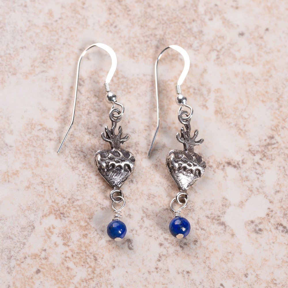 Sterling & Blue Lapis Sacred Heart Earrings