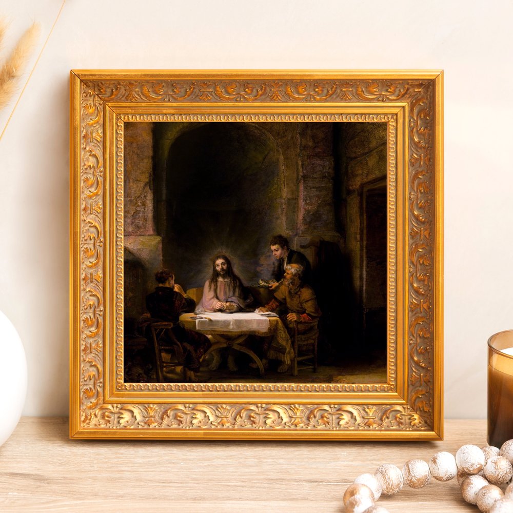 Framed "Last Supper" painting. Golden frame surrounds the biblical art print with people dining in a dark setting.