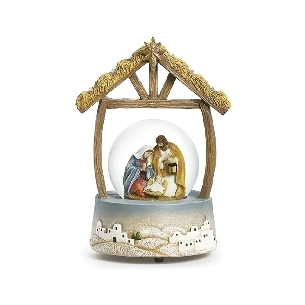 Musical Holy Family Cityscape Manger Snow Globe
