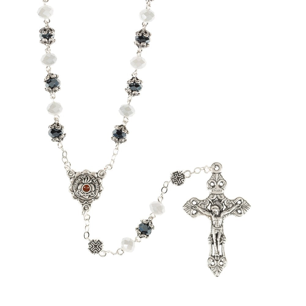 Southwestern Style Our Lady of Fatima Hematite & White Crystal Rosary