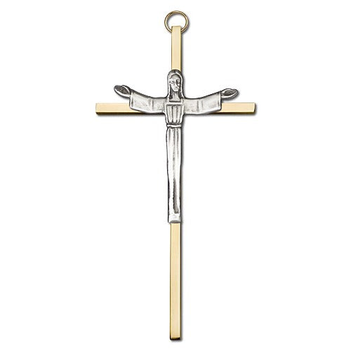 6 inch Antique Silver Risen Christ on a Polished Brass Cross