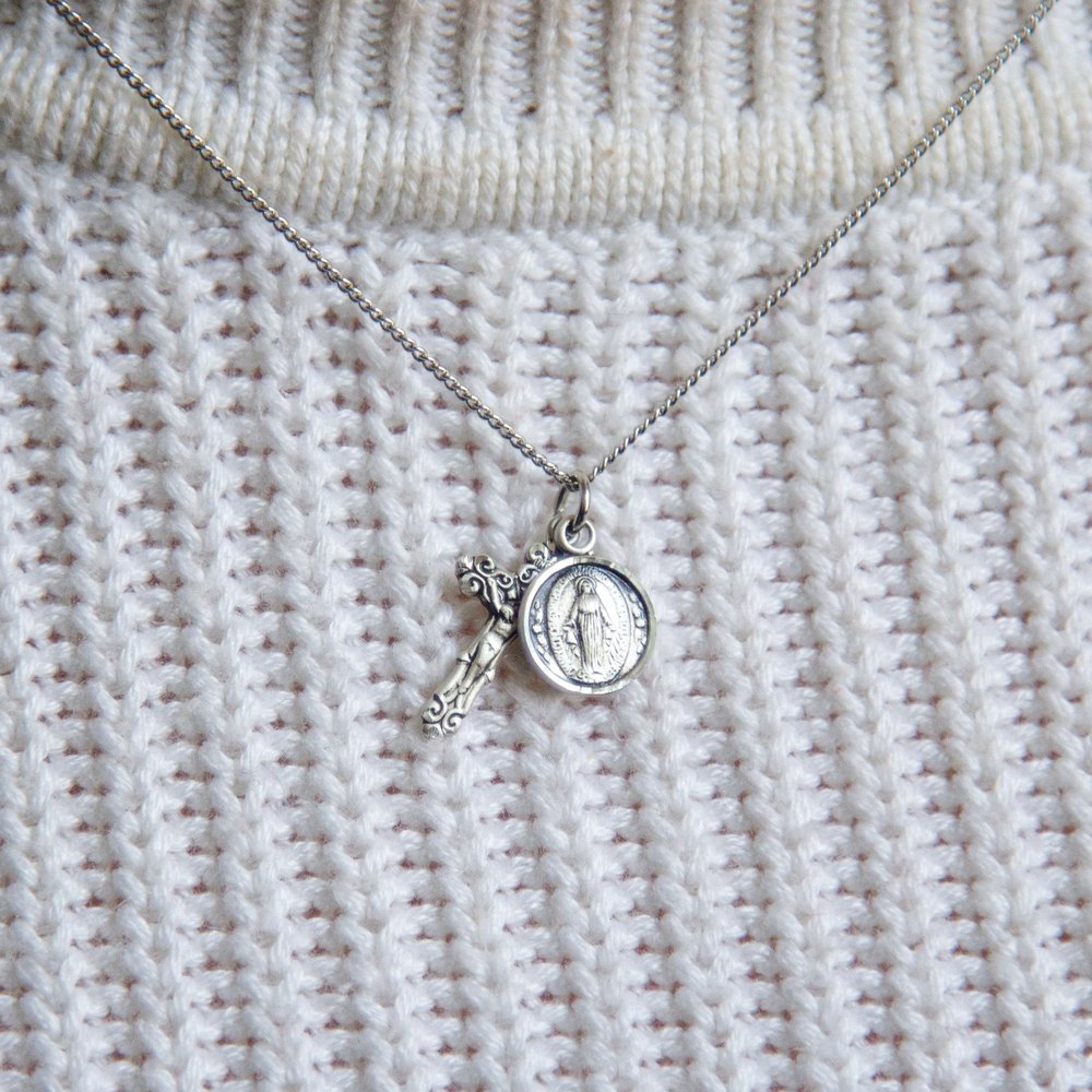 Round Miraculous Medal & Petite Crucifix Necklace