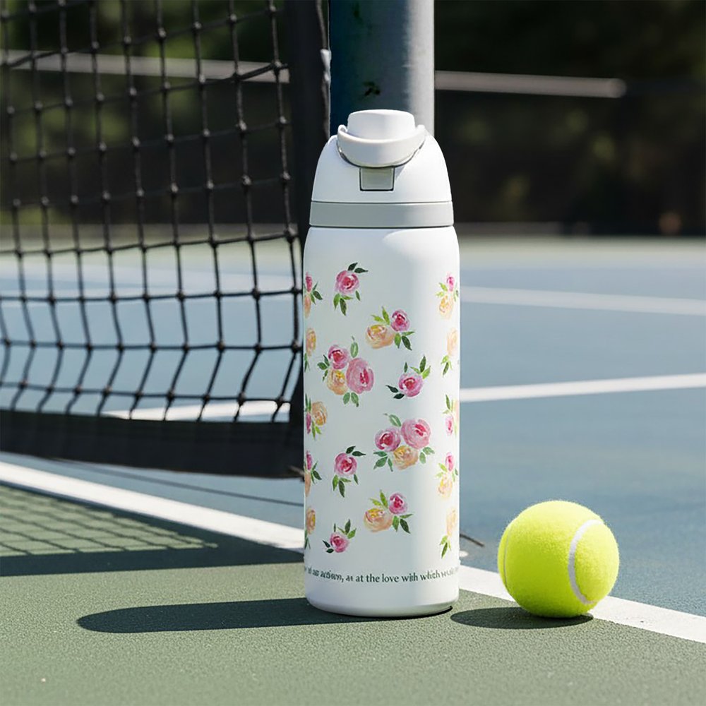 White floral-print water bottle for hydration, on a tennis court near a ball and net.