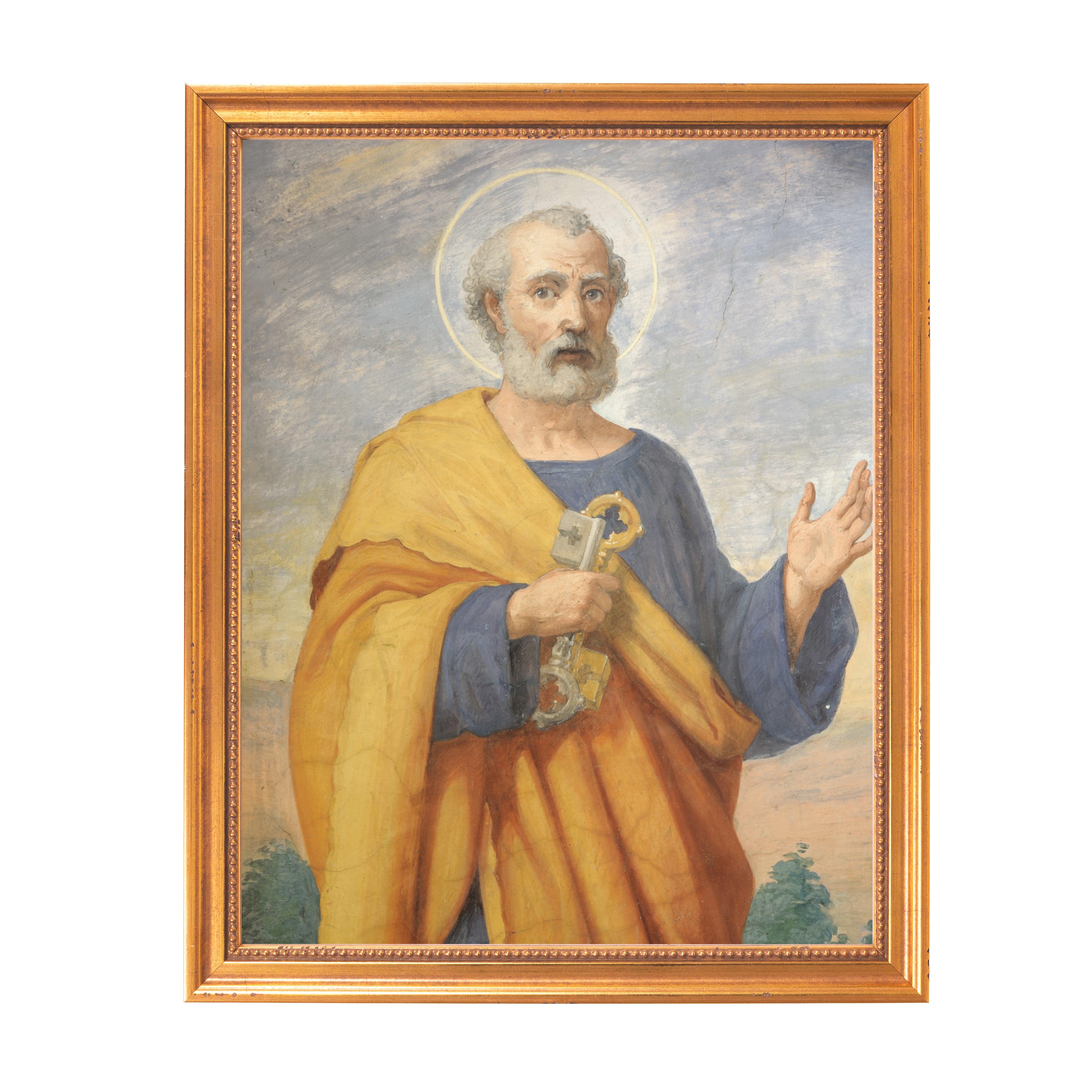 Framed painting of St. Peter in a blue robe and gold shawl, holding keys, with a gold frame.