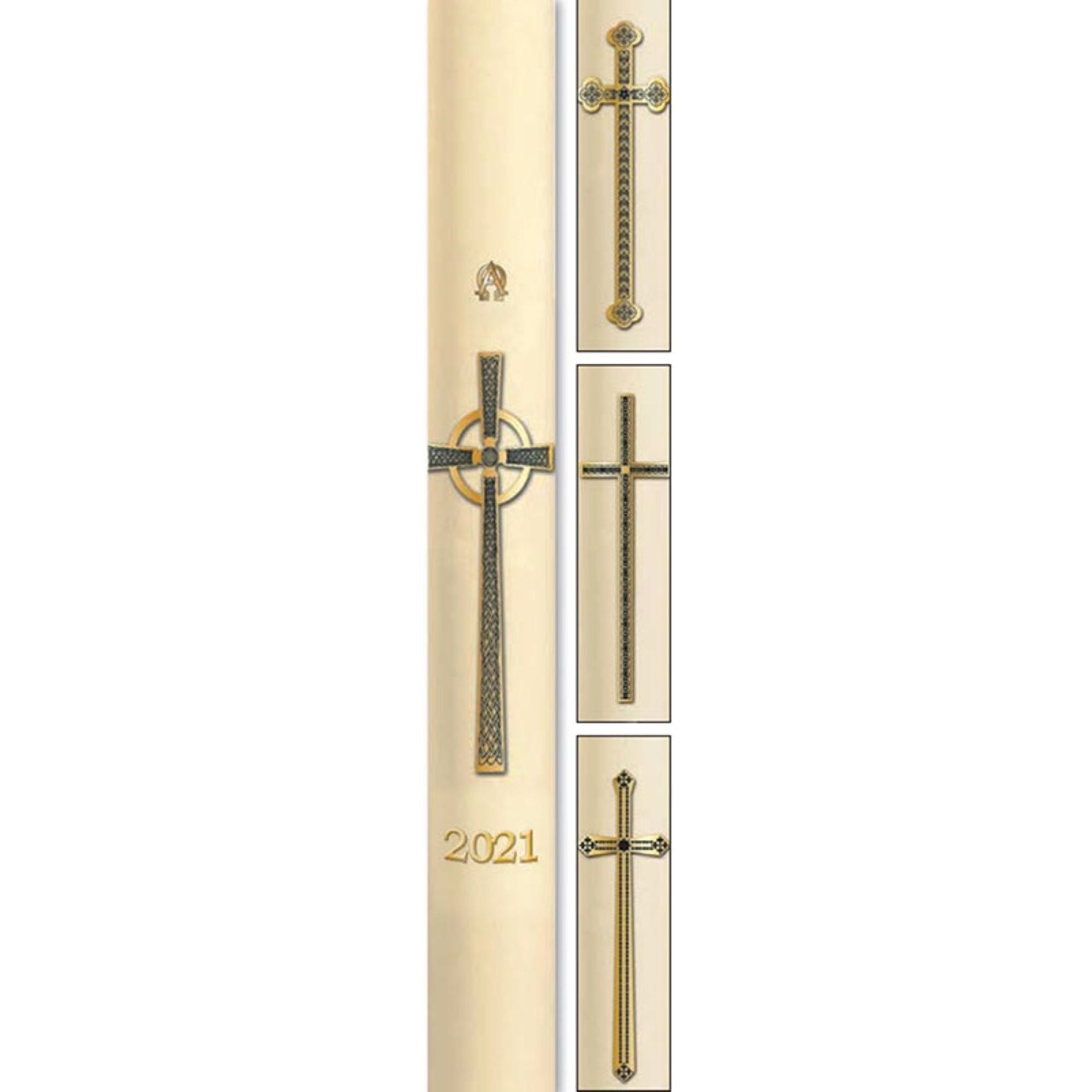 Ivory Paschal candle with dark gold Celtic cross and Greek letters.