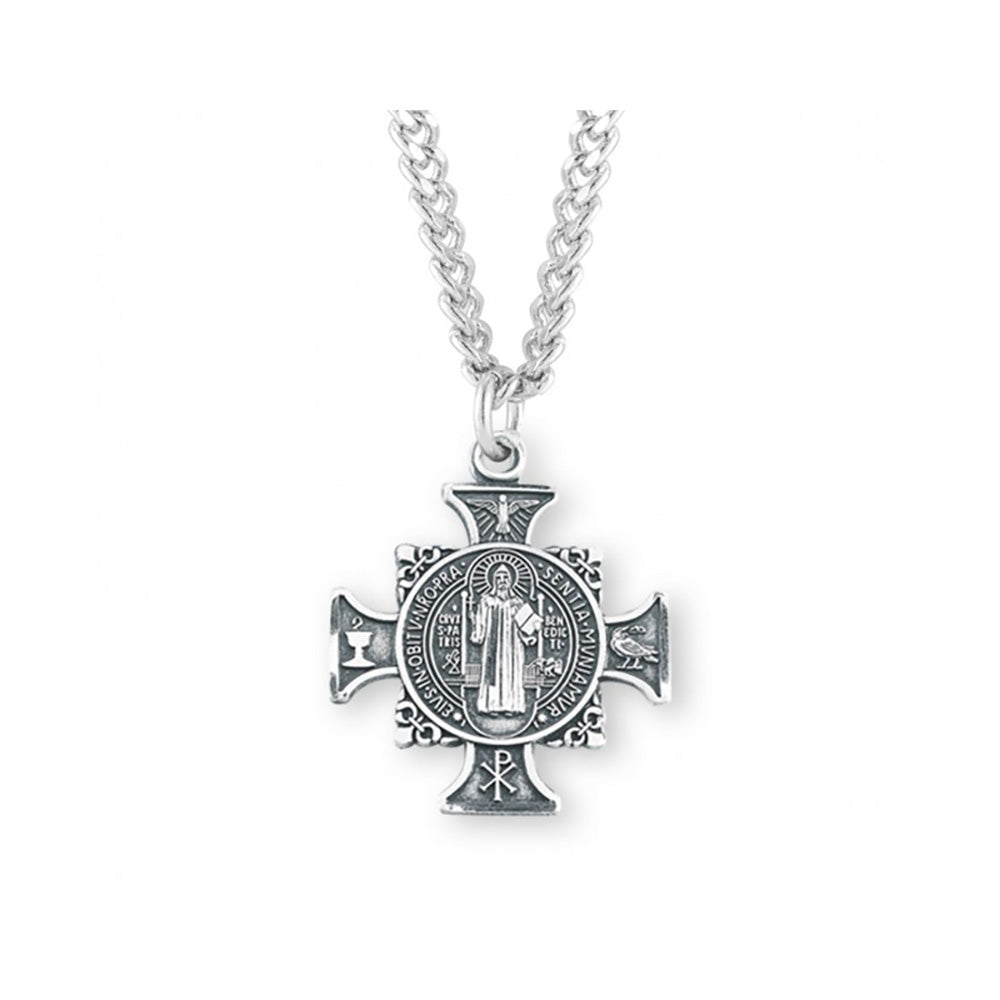 Ornate Sterling St. Benedict Medal Cross Necklace