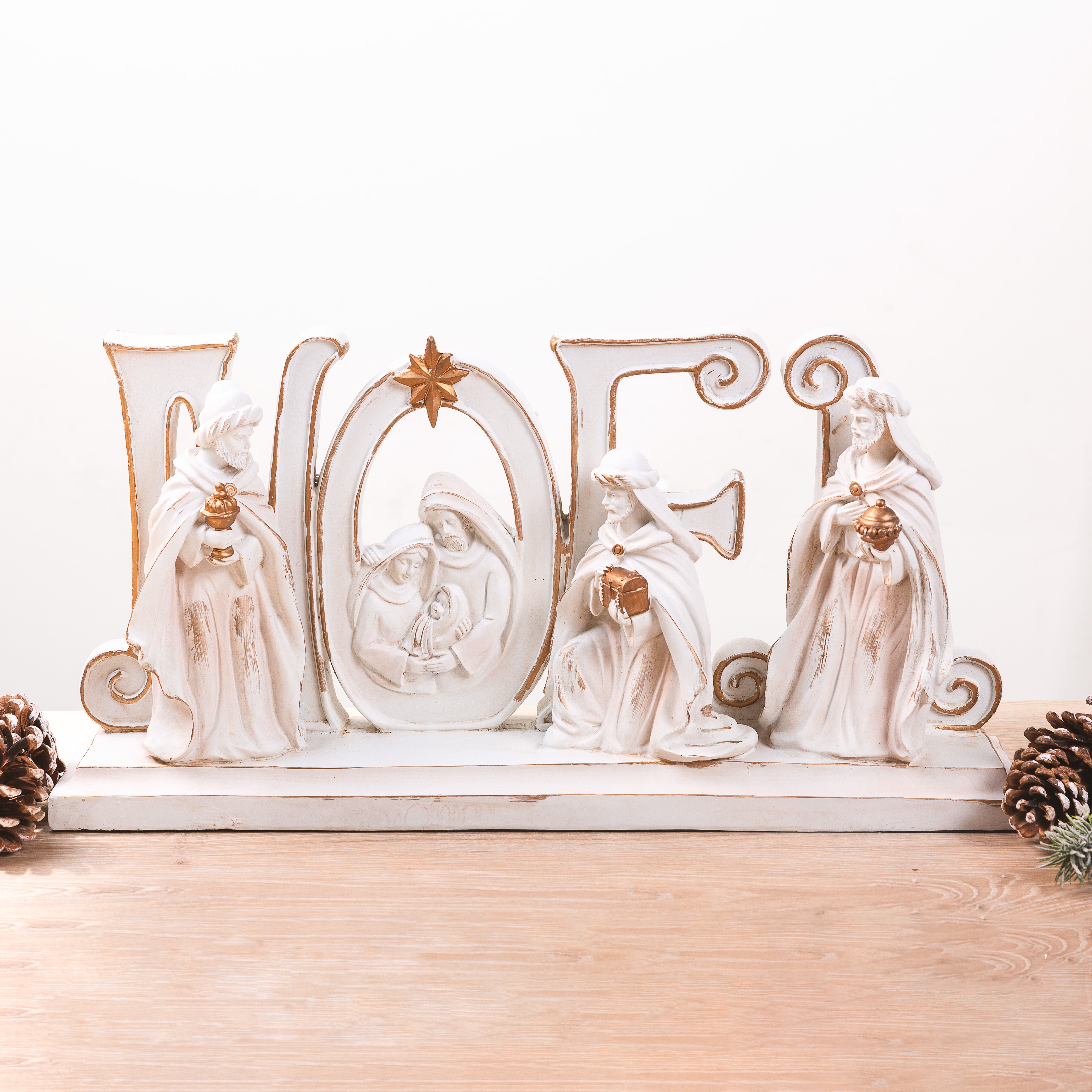Distressed White & Gold Noel One Piece Nativity