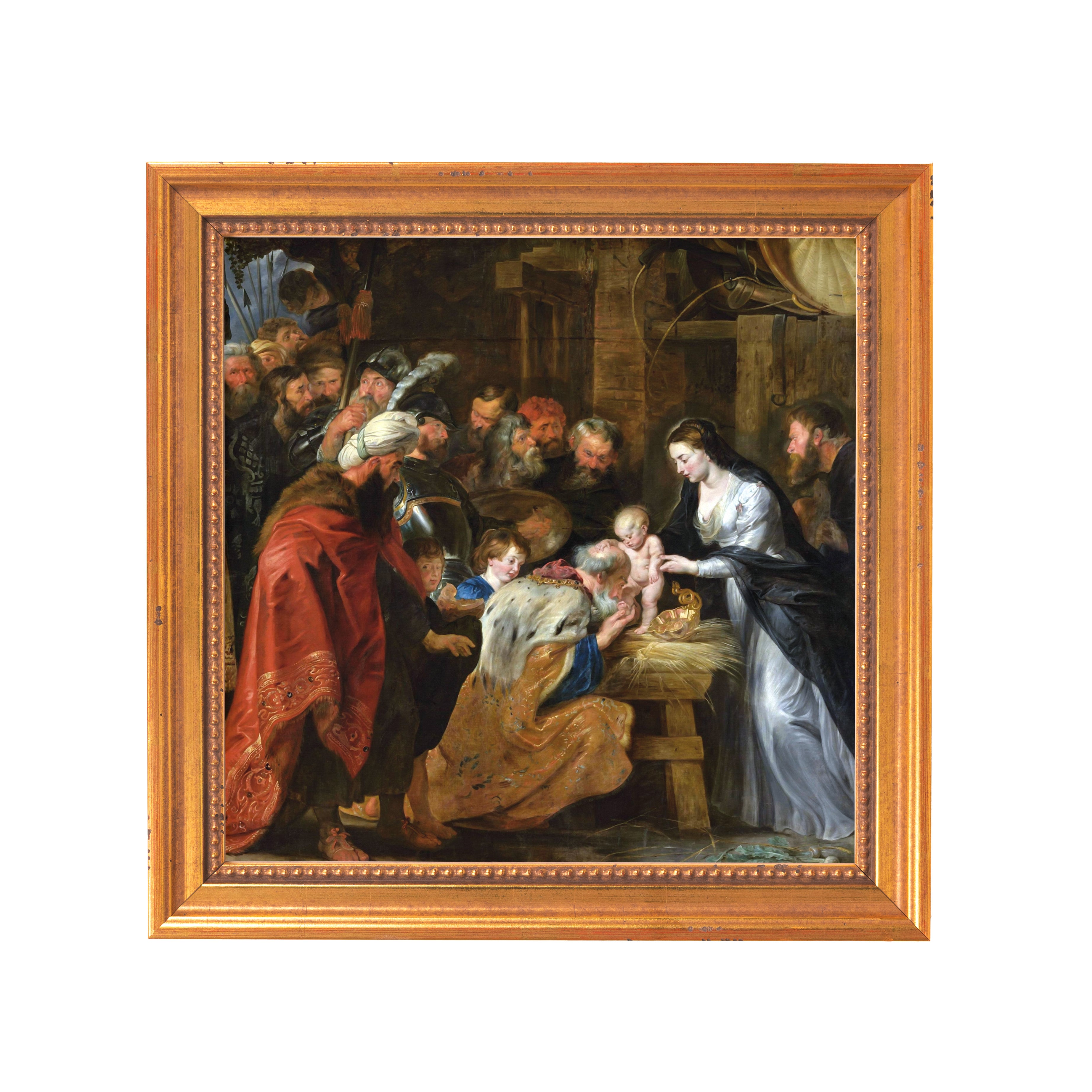 Oil painting: Adoration of the Magi scene in a gold frame; rich colors and intricate detail.