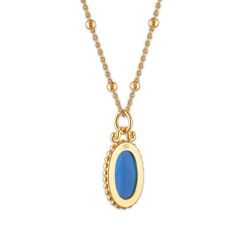 Necklace: Gold chain with oval blue stone pendant.