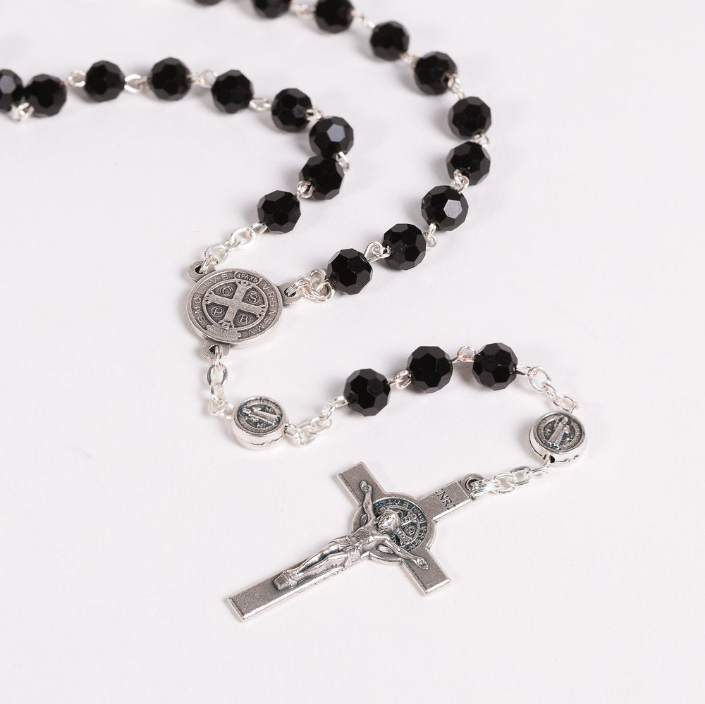 Italian Gray Glass St. Benedict Rosary & St. Benedict Rosary Box Set