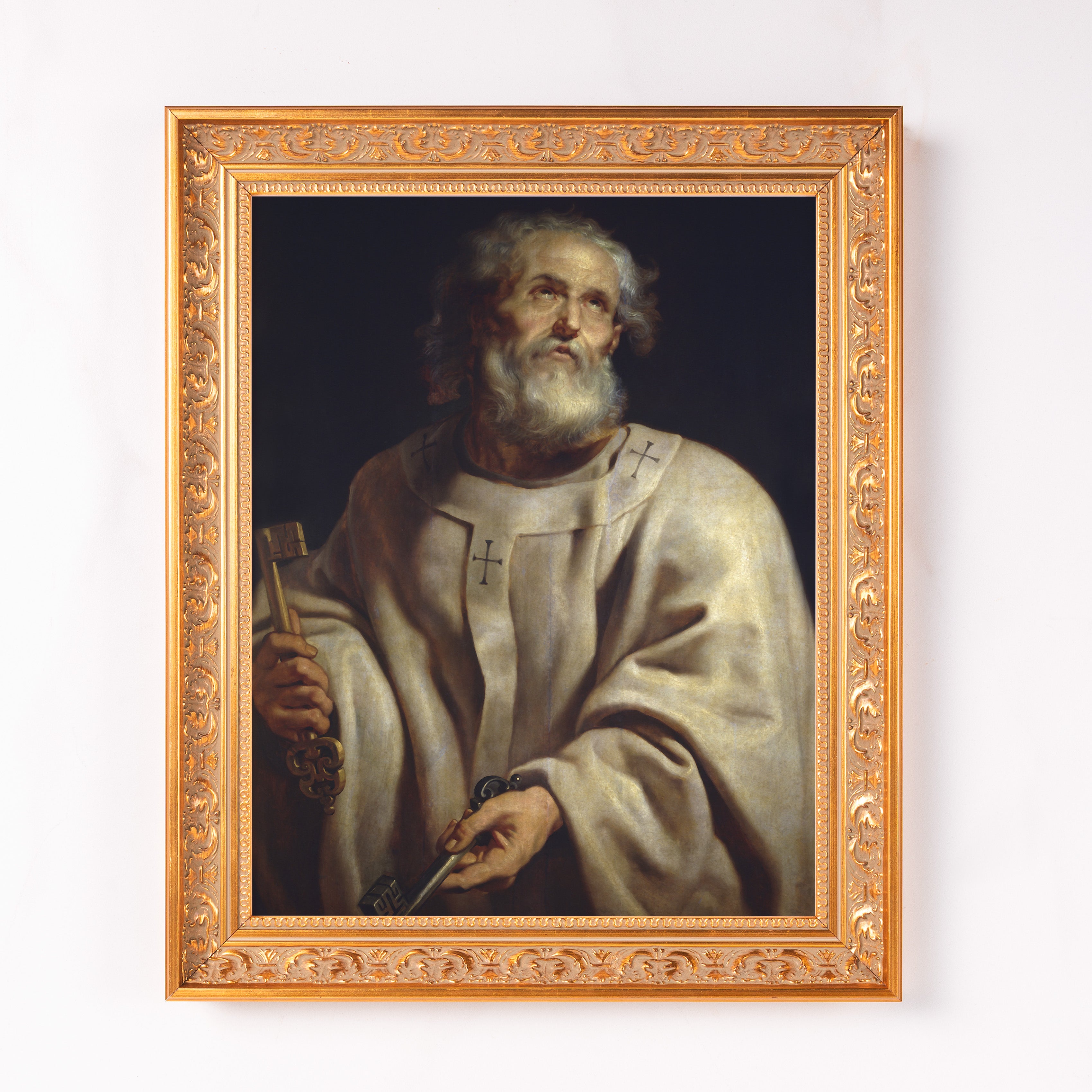 Framed Oil Painting of Saint Peter holding keys in an ornate gold frame.