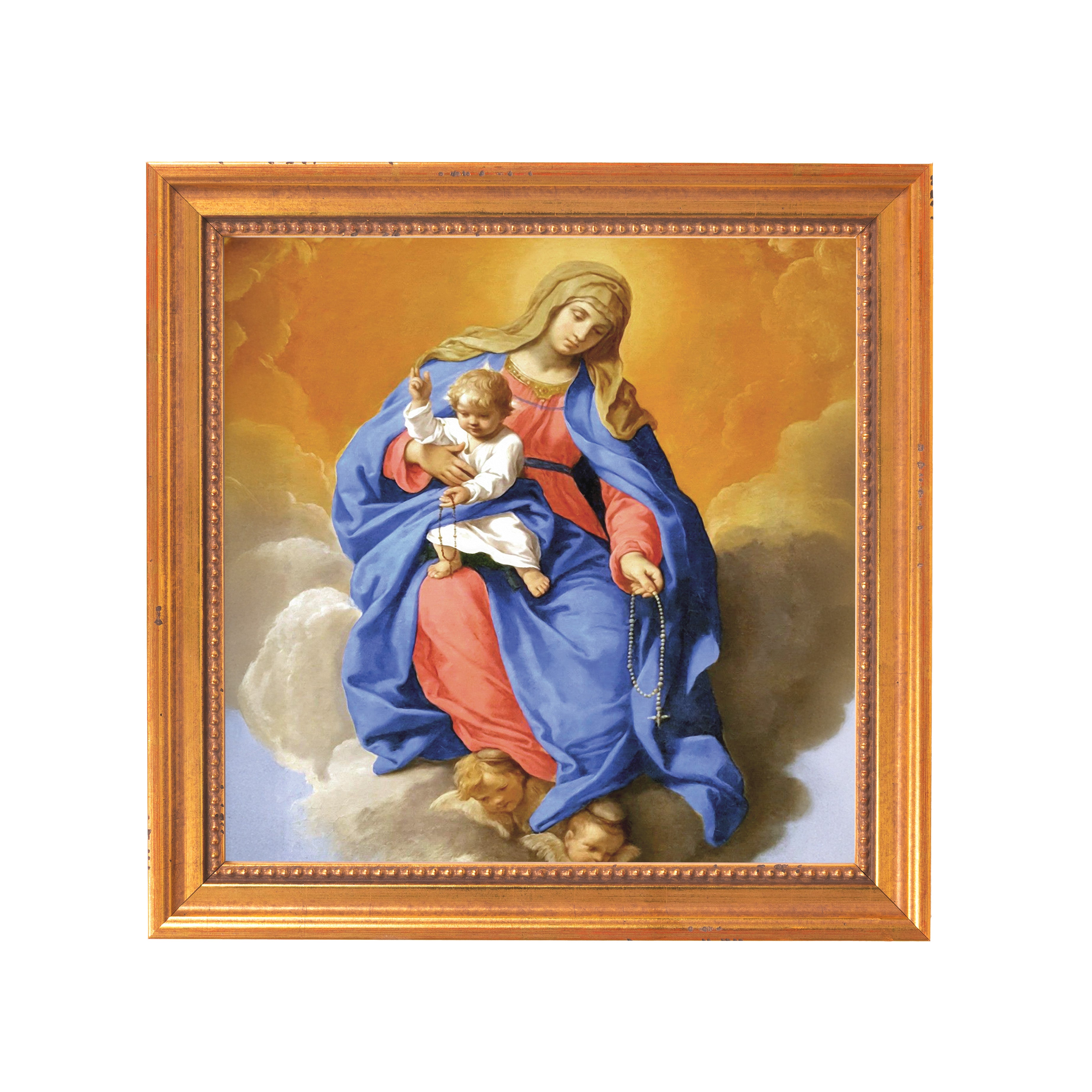 Framed religious art depicting Mary holding the baby Jesus on a cloud, in a gold frame.