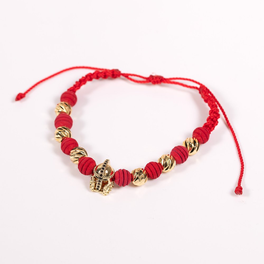 Woven Red Thread Bracelet – Neoprene, Cross, and Roman Helmet