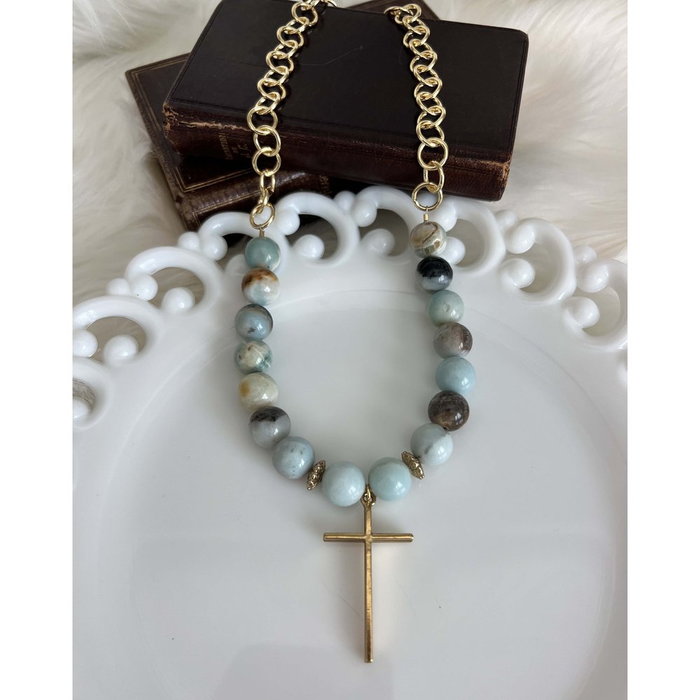 Chunky Amazonite Bead & Gold Cross Necklace
