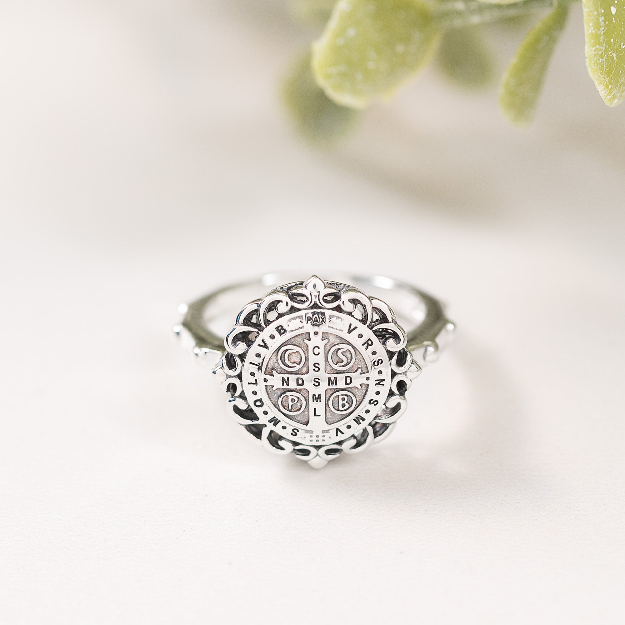 Sterling Silver St. Benedict Filigree Rosary Ring