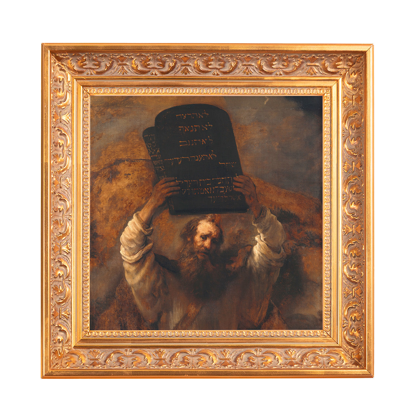 Framed oil painting depicts Moses with the Ten Commandments in black, in a gold ornate frame.