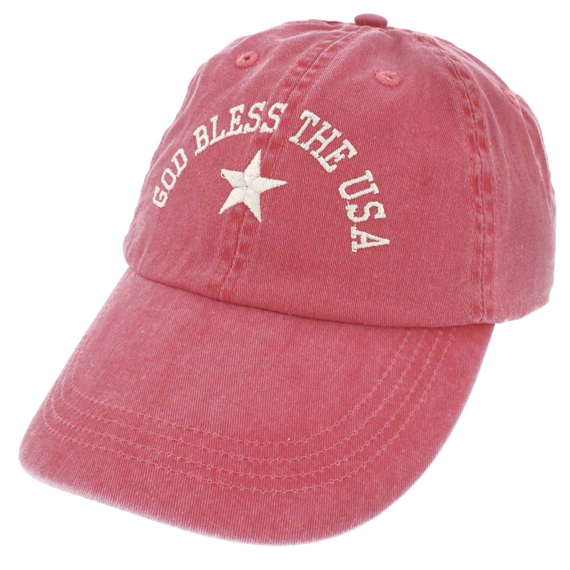 Rose-colored cotton cap with "God Bless the USA" embroidered in white with a star, baseball style.