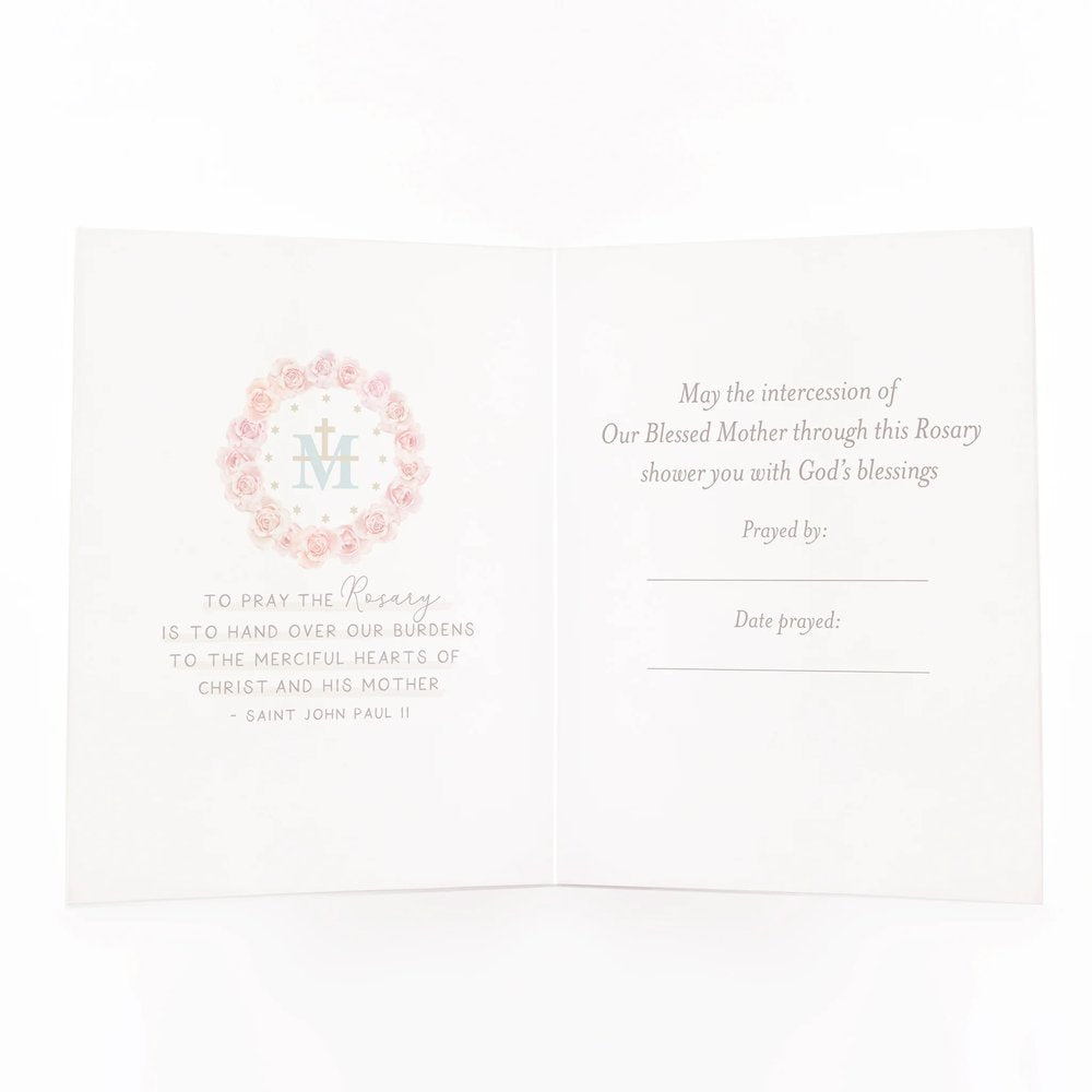 White Prayer card for Rosary intentions with pink floral design and space for prayer information.