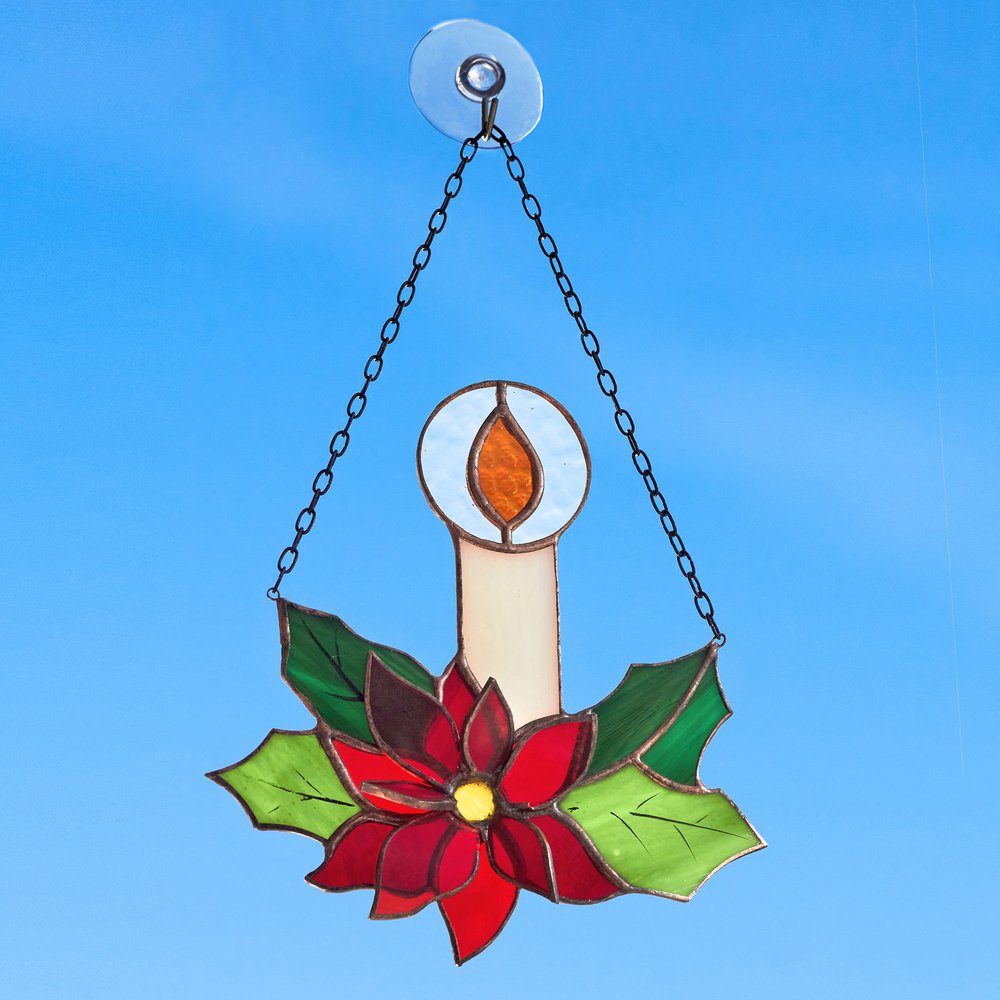 Handcrafted Christmas Poinsettia Candle Stained Glass Suncatcher