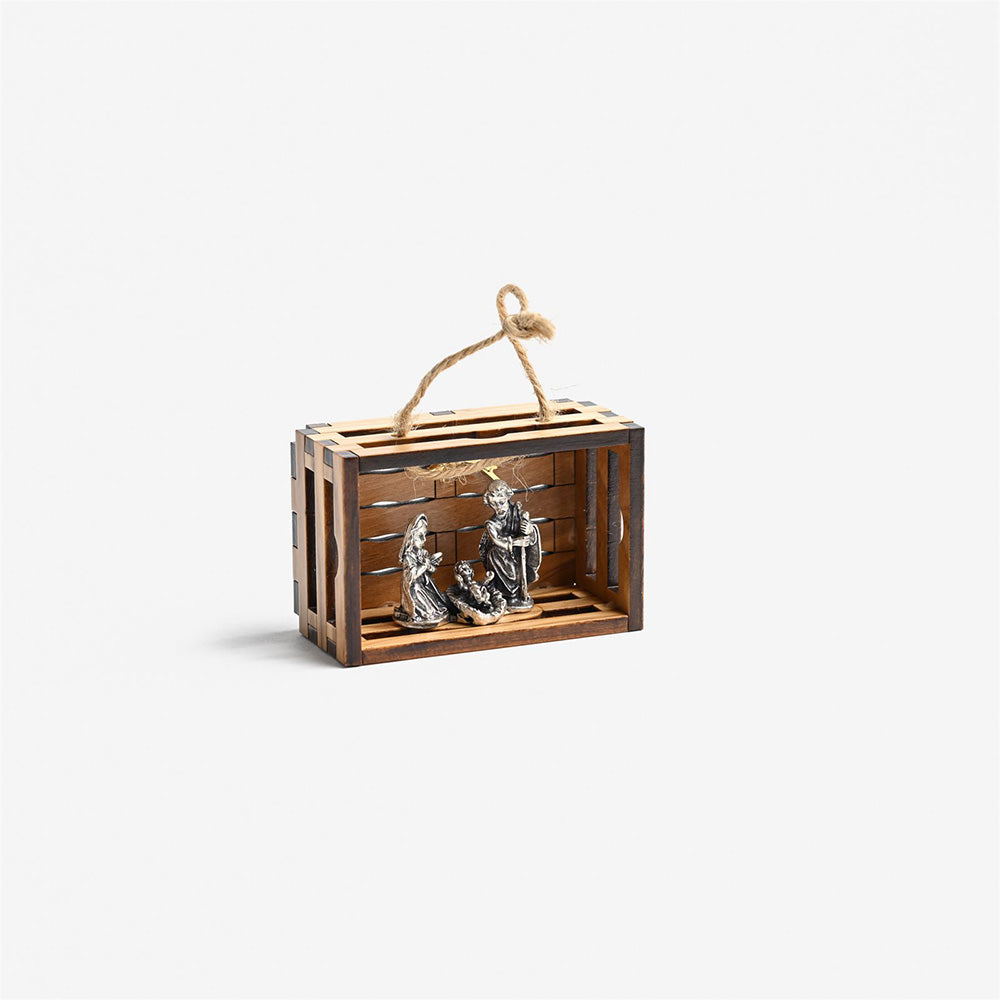 Olive Wood Crate Style Nativity Ornament with Silver Nativity