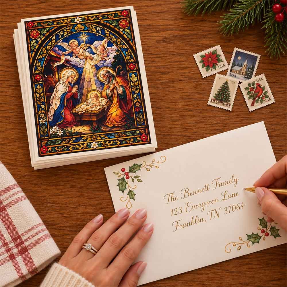 Holy Night Stained Glass Christmas Cards - Set of 20